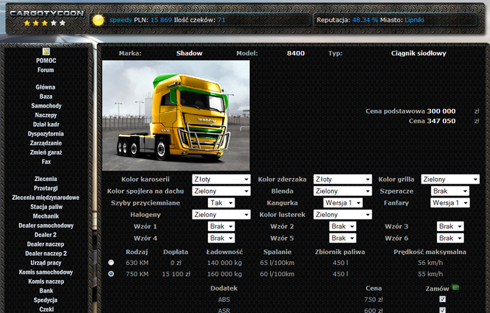 Truck dealer. Buy new vehicles and choose their add-ons like ABS, cruise control, etc.